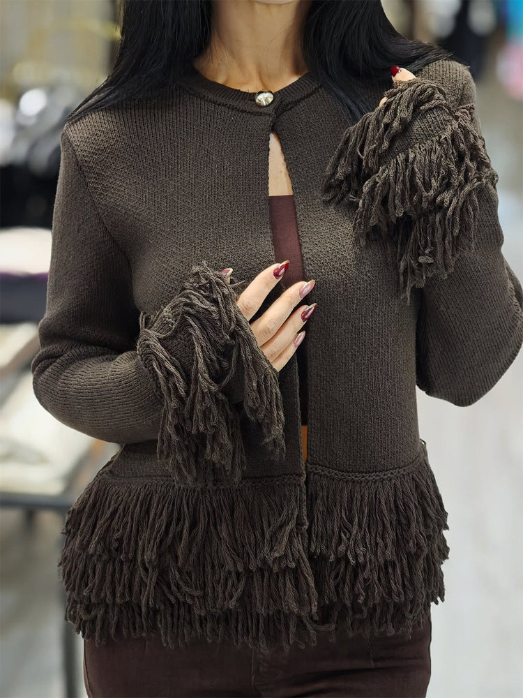 Women's cardigan with layered fringes, mother-of-pearl closure and boxy silhouette Mune Fashion