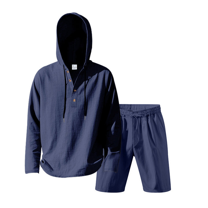 Men's Hoodie Henley Loungewear Set with Linen Look, Drawstring and Elastic Tunnel Shorts Mune Fashion