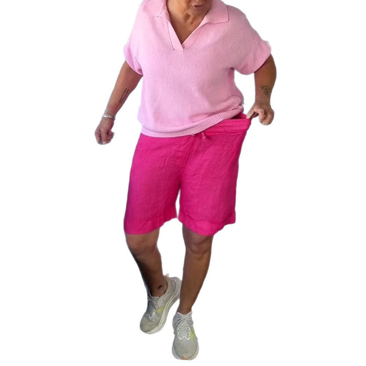 Women's linen bermuda shorts with turn-up hem, button and zip fastening, as well as side pockets Mune Fashion