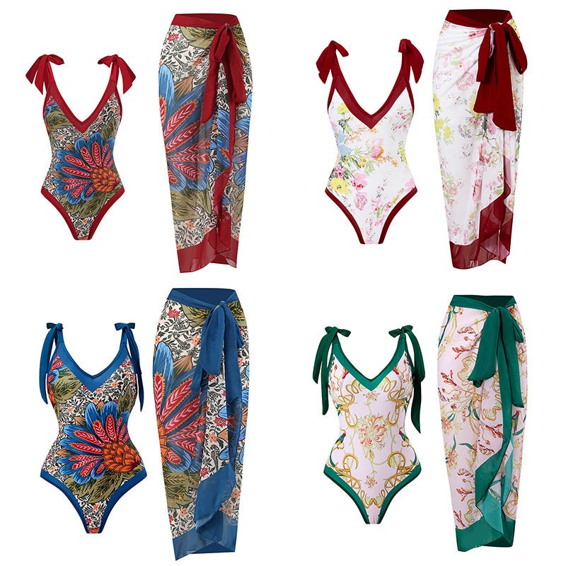 Women’s One-Piece Swimsuit with Playful Tie Straps and Elegant Wrap Skirt Mune Fashion