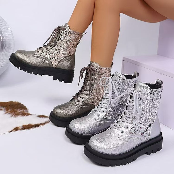 Women's glittering lace-up biker boots with a robust profiled sole and metallic grained surface Mune Fashion