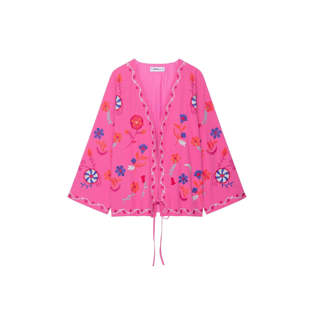 Women's Oversize Light Cotton Cardigan with Colorful Floral Embroidery Mune Fashion