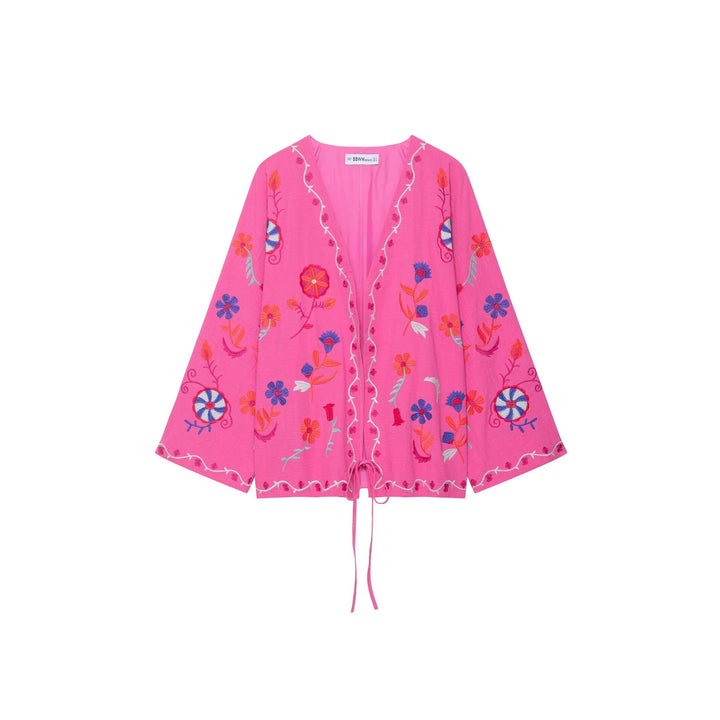 Women's Oversize Light Cotton Cardigan with Colorful Floral Embroidery Mune Fashion