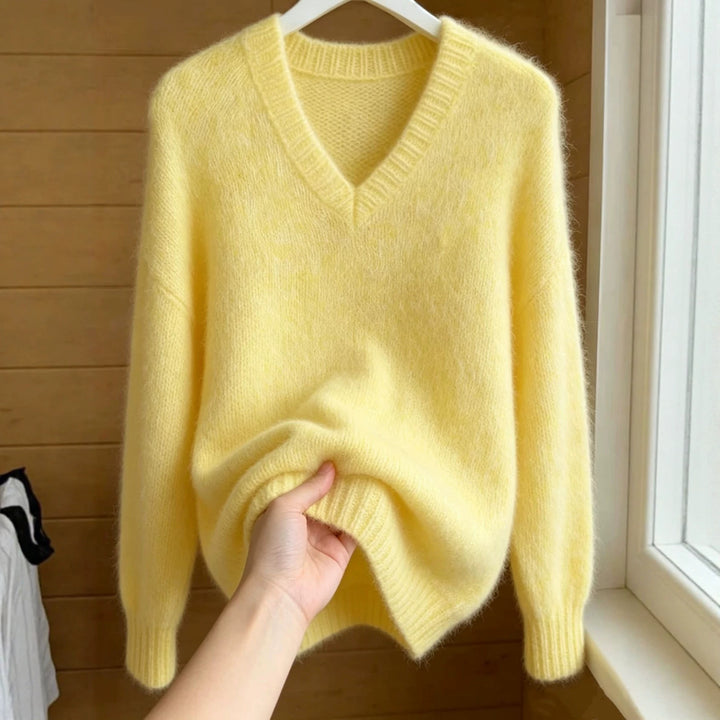 Women Fluffy Mohair-Mix Oversize Sweater with Deep V Neck Mune Fashion