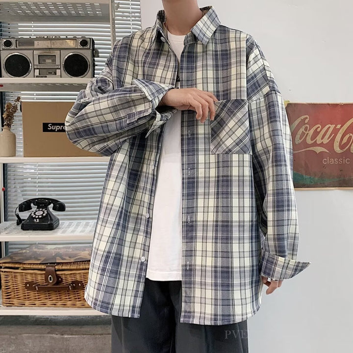 Men's Oversized Check Flannel Shirt with Chest Pocket and Drop-Shoulder