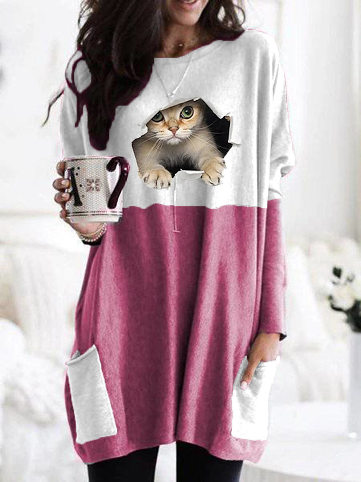 Women Longer Colorblock Knit Sweater with Cat Motif and Patch Pockets Mune Fashion