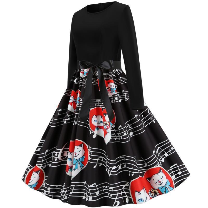 Women Retro Swing Dress in Vintage Style with A-Line, Long Sleeves and Waist Bow Mune Fashion