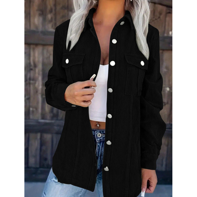 Ladies cord shirt jacket in shacket style with snap button placket and chest pockets Mune Fashion