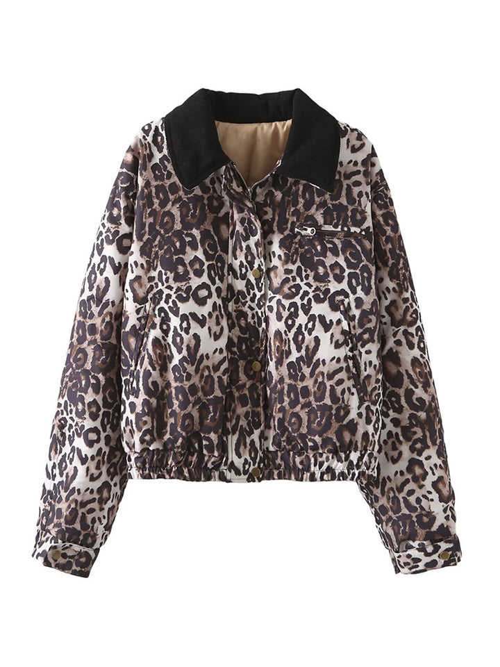 Women's Short Quilted Blouson Jacket in Leopard Pattern with Cord Collar Mune Fashion