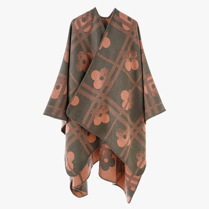 Women's Reversible Jacquard Poncho made of wool blend with floral check pattern and decorative piping seam Mune Fashion