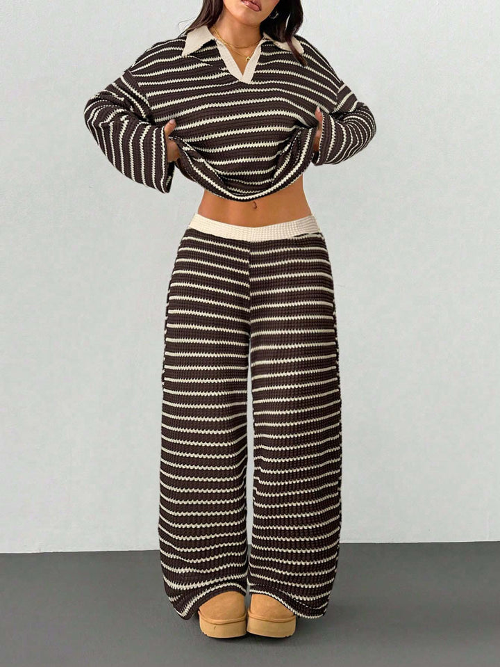 Women's Knitted Loungewear Set with Polo V Neck, Bell Sleeves, and Wide High-Cut Trouser Leg Mune Fashion