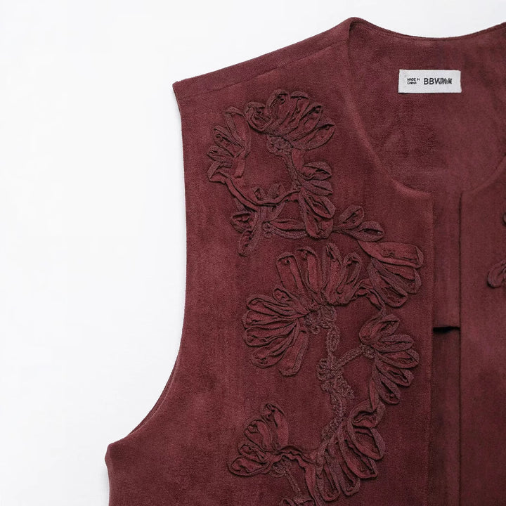 Women's Sleeveless Suede-Look Vest with Floral Appliqué Mune Fashion