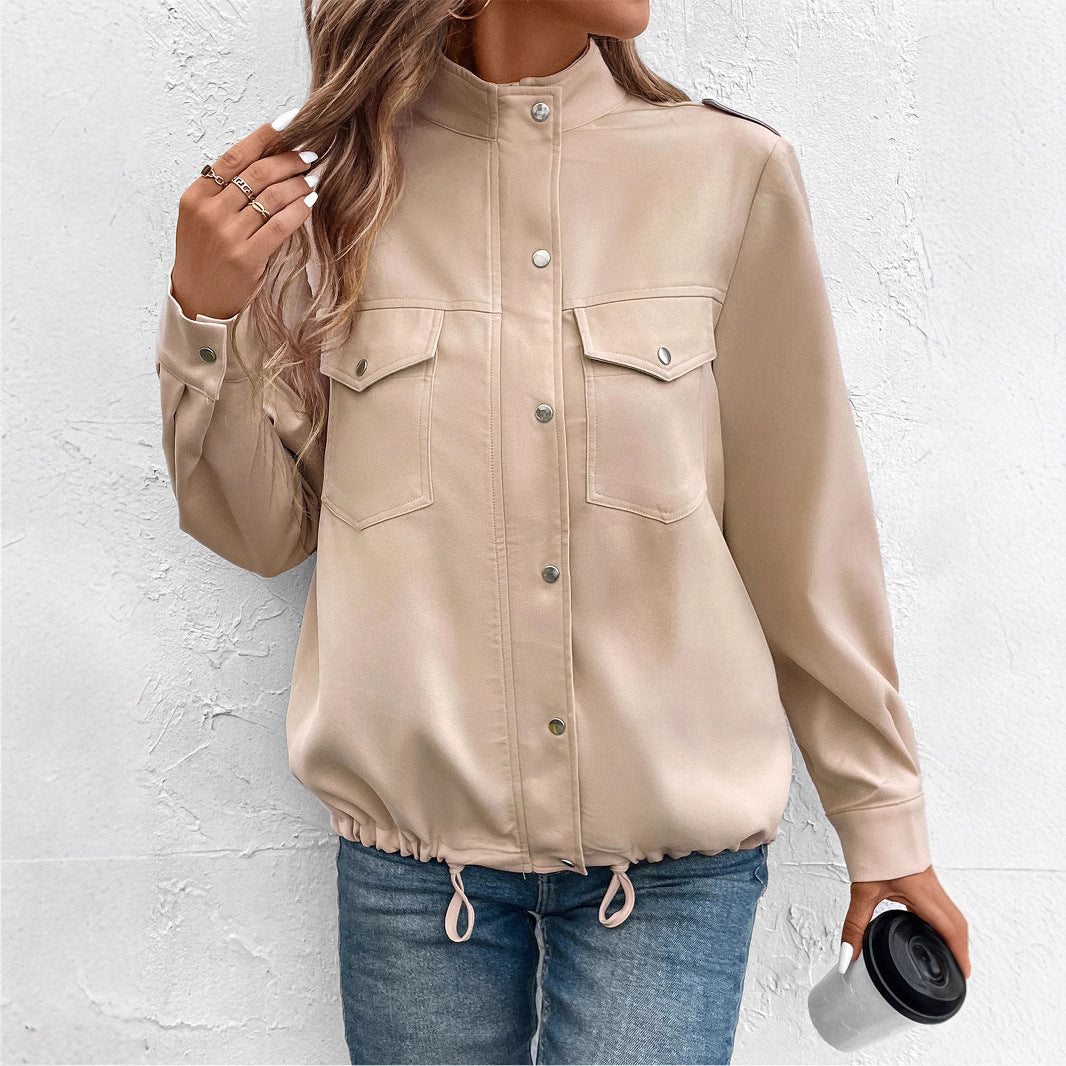 Women's Oversized Shirt Jacket with Snap Front, Chest Flaps, and Drawstring Hem Mune Fashion