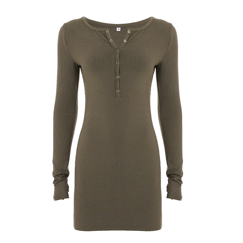 Women's bodycon rib-knit dress with Henley button placket and long sleeves Mune Fashion
