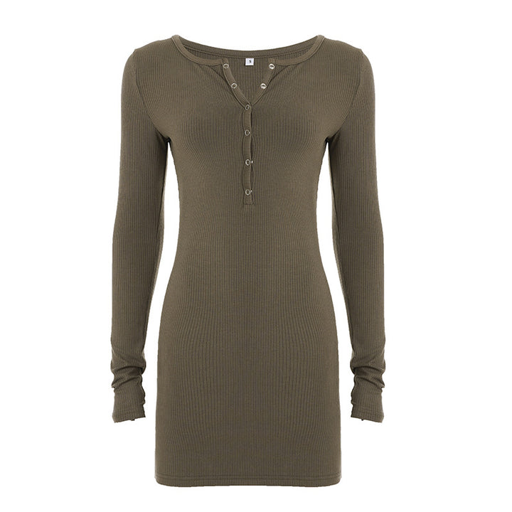 Women's bodycon rib-knit dress with Henley button placket and long sleeves Mune Fashion