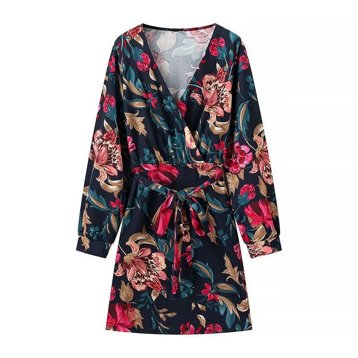 Women’s Wrap Mini Dress with Allover Floral Print, V-Neck and Waistband Mune Fashion