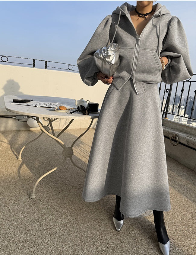 Women's Elegant Sweatset made of Scuba Jersey with Balloon Sleeves and Flared Midi Skirt Mune Fashion
