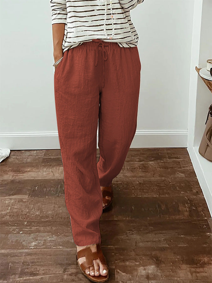 Women's lightweight linen look pants with elastic drawstring, front pockets and wide leg Mune Fashion