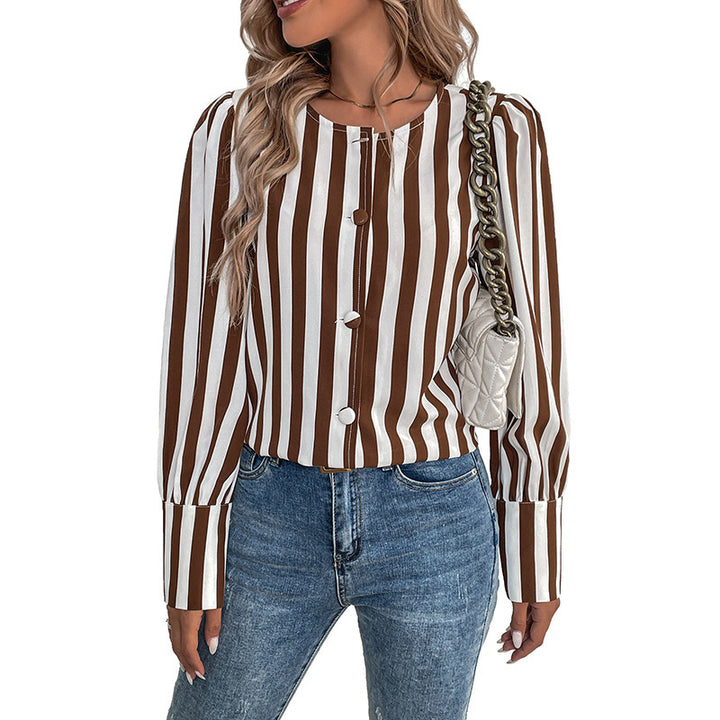 Women Elegant Striped Blouse with Button Details Mune Fashion