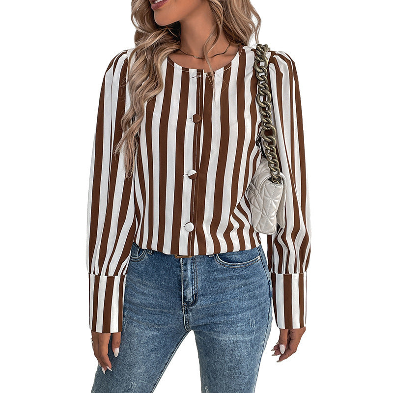 Women Elegant Striped Blouse with Button Details Mune Fashion