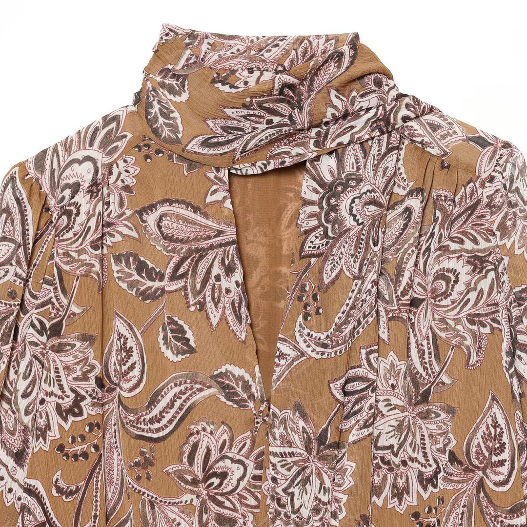 Women Printed Wrap Blouse with Shawl Collar and Balloon Sleeves Mune Fashion