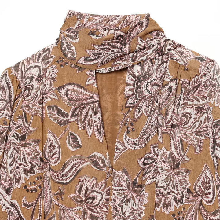 Women Printed Wrap Blouse with Shawl Collar and Balloon Sleeves Mune Fashion