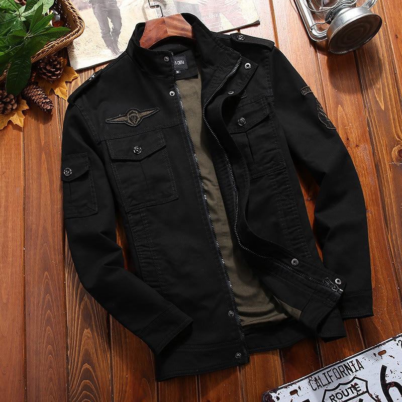 Men's lightweight canvas military jacket with stand-up collar, epaulets, and multiple flap pockets Mune Fashion