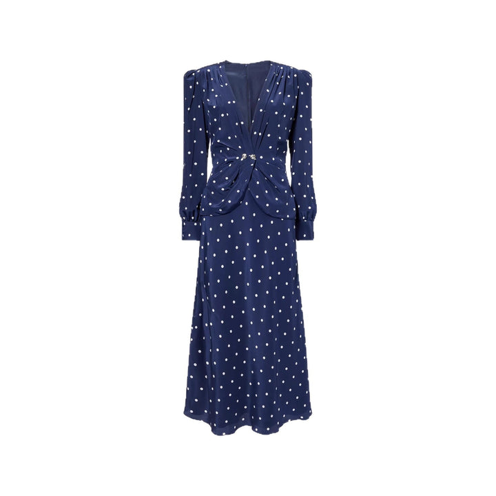 Women's midi dress with polka dot print, deep V-neck, wrap ruching, and long sleeves Drune