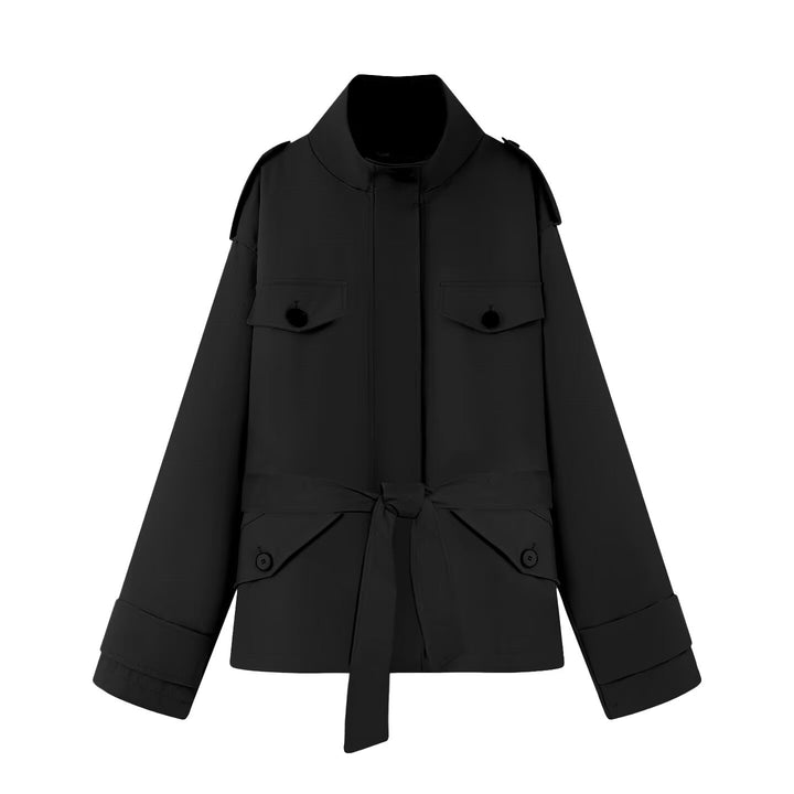 Women's Short Jacket in Utility Style with Waist Belt and Flap Pockets Mune Fashion