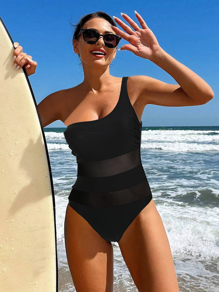 Women One-Sided Swimsuit with Transparent Mesh Inserts Mune Fashion