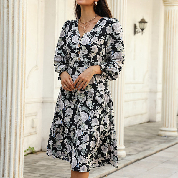 Women's midi dress with tiered skirt, V-neck, waist seam and gathered sleeve cuffs Mune Fashion