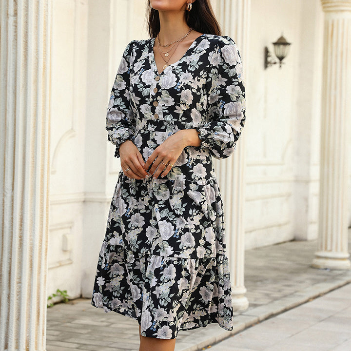 Women's midi dress with tiered skirt, V-neck, waist seam and gathered sleeve cuffs Mune Fashion