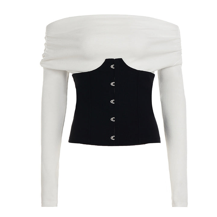 Women's Off-Shoulder Long Sleeve with Inserted Corset Look and Hook Closure Mune Fashion