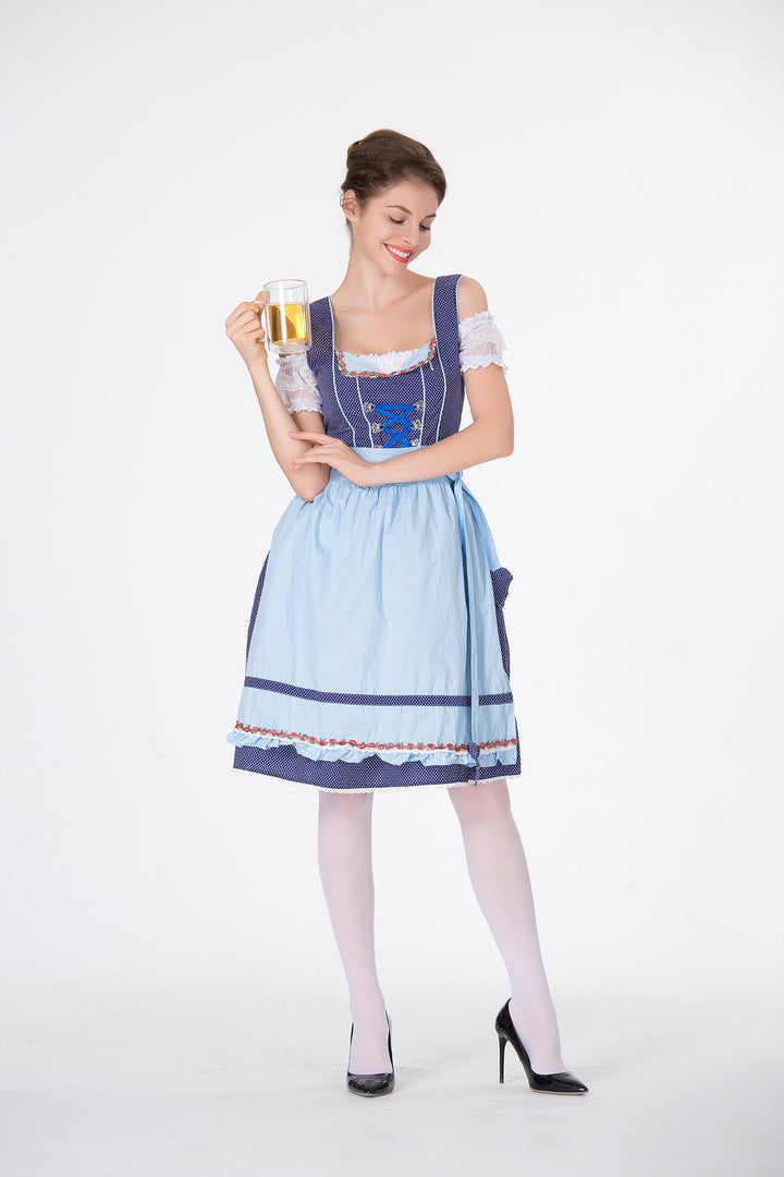 Women's classic traditional dirndl with polka dot bodice, laced corset and removable ruffled apron Mune Fashion