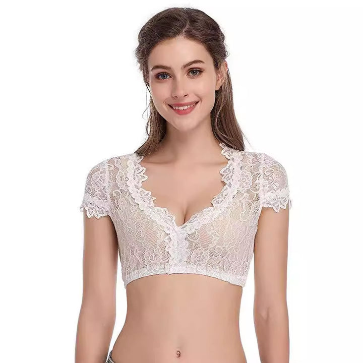Women short transparent lace blouse with V-neck and delicate sleeve finishes Mune Fashion