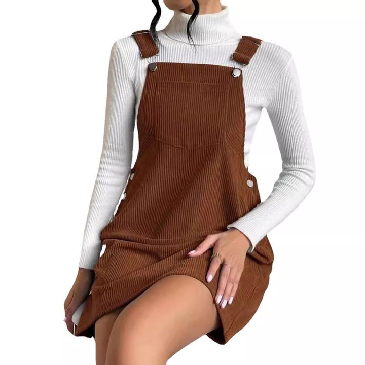 Women's Corduroy Pinafore Dress with Adjustable Straps, Side Snap Placket and Fine Rib Effect Mune Fashion