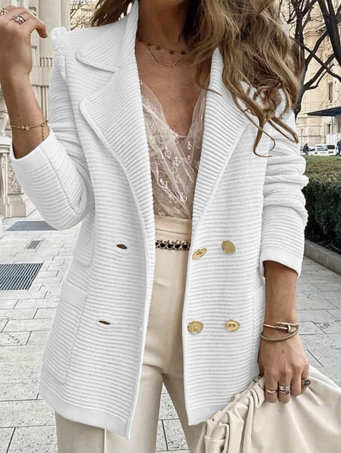 Women Structured Knit Blazer with Lapel Collar and Double Button Placket Mune Fashion