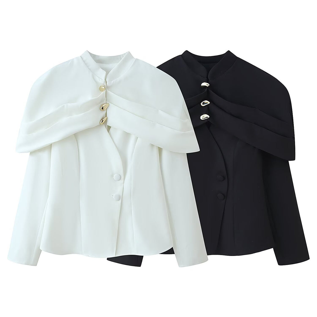 Women Short Tailored Blazer with Cape Overlay and Stand Collar Mune Fashion