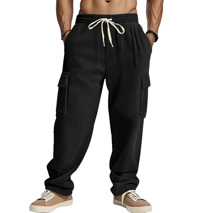 Men's corduroy cargo pants with wide leg, drawstring waistband, and patch cargo pockets