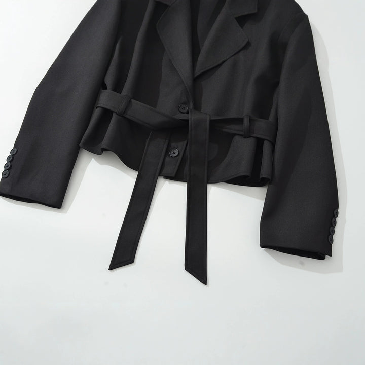 Women's Short Blazer with Waist Belt and Lapel Collar Mune Fashion