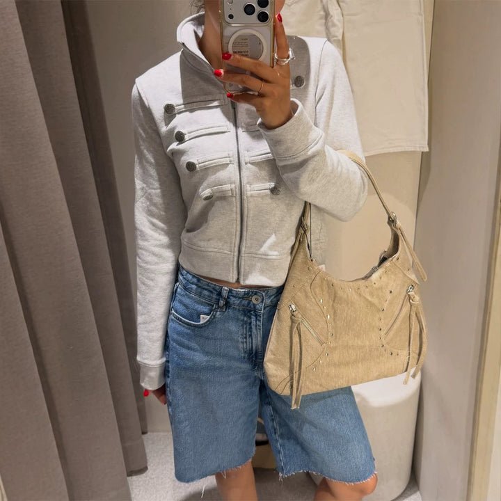 Women Short-Cut Sweat Jacket in Military Look with Stand-Up Collar Mune Fashion