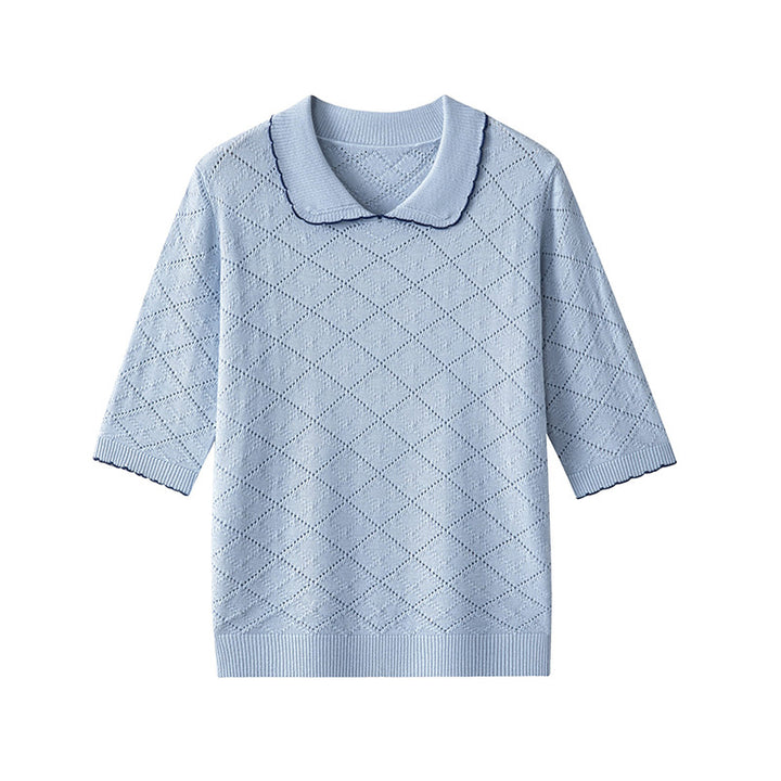 Women's short sleeve fine knit pullover with Peter Pan collar, eyelet diamond pattern and fine contrast edge Mune Fashion