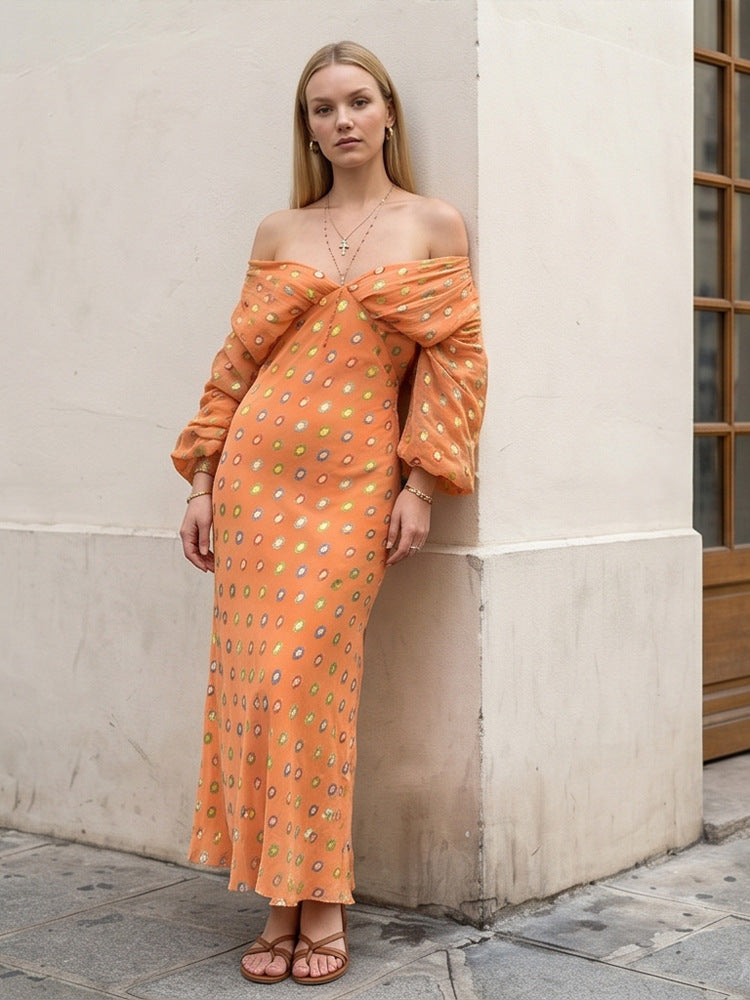 Women Elegant Off-Shoulder Maxi Dress with Twisted Front and Balloon Sleeves Mune Fashion