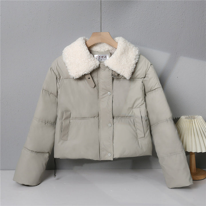 Women's short quilted winter jacket with wide teddy collar and drawstring Mune Fashion