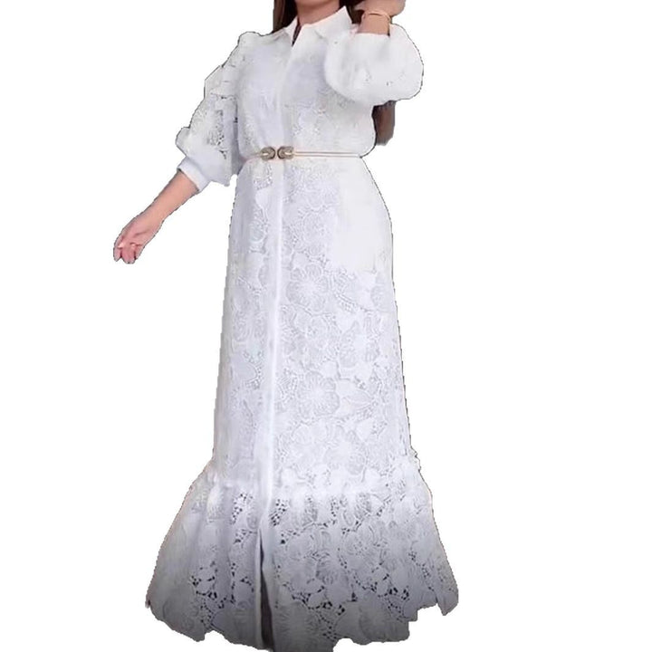 Ladies' maxi dress made of lace with shirt collar and puff sleeves Mune Fashion