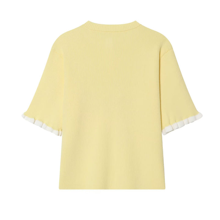 Women's Fine Ribbed Short Sleeve Cardigan with Decorative Buttons and Ruffle Sleeves Mune Fashion