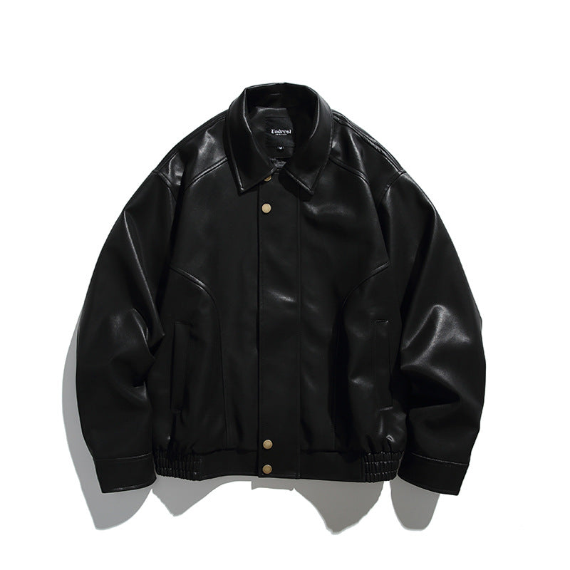 Men's Boxy Faux Leather Bomber Jacket with Concealed Snap Placket, Elastic Hem, and Patch Pockets Mune Fashion