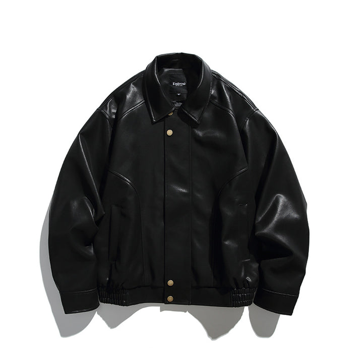 Men's Boxy Faux Leather Bomber Jacket with Concealed Snap Placket, Elastic Hem, and Patch Pockets Mune Fashion