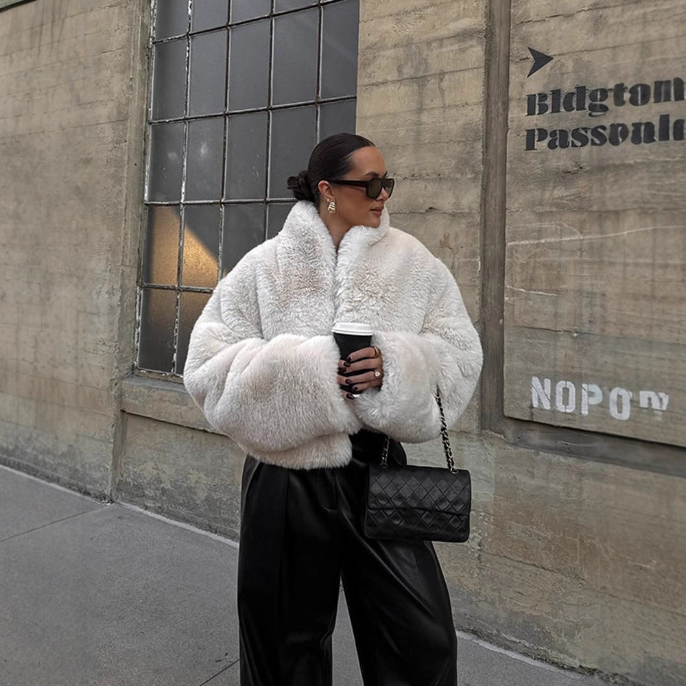 Women's Short Cozy Faux-Fur Bomber Jacket with Voluminous Shawl Collar and Boxy Silhouette Mune Fashion