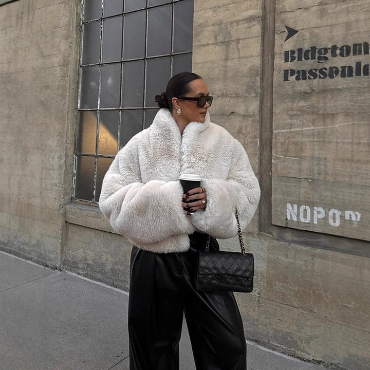 Women's Short Cozy Faux-Fur Bomber Jacket with Voluminous Shawl Collar and Boxy Silhouette Mune Fashion